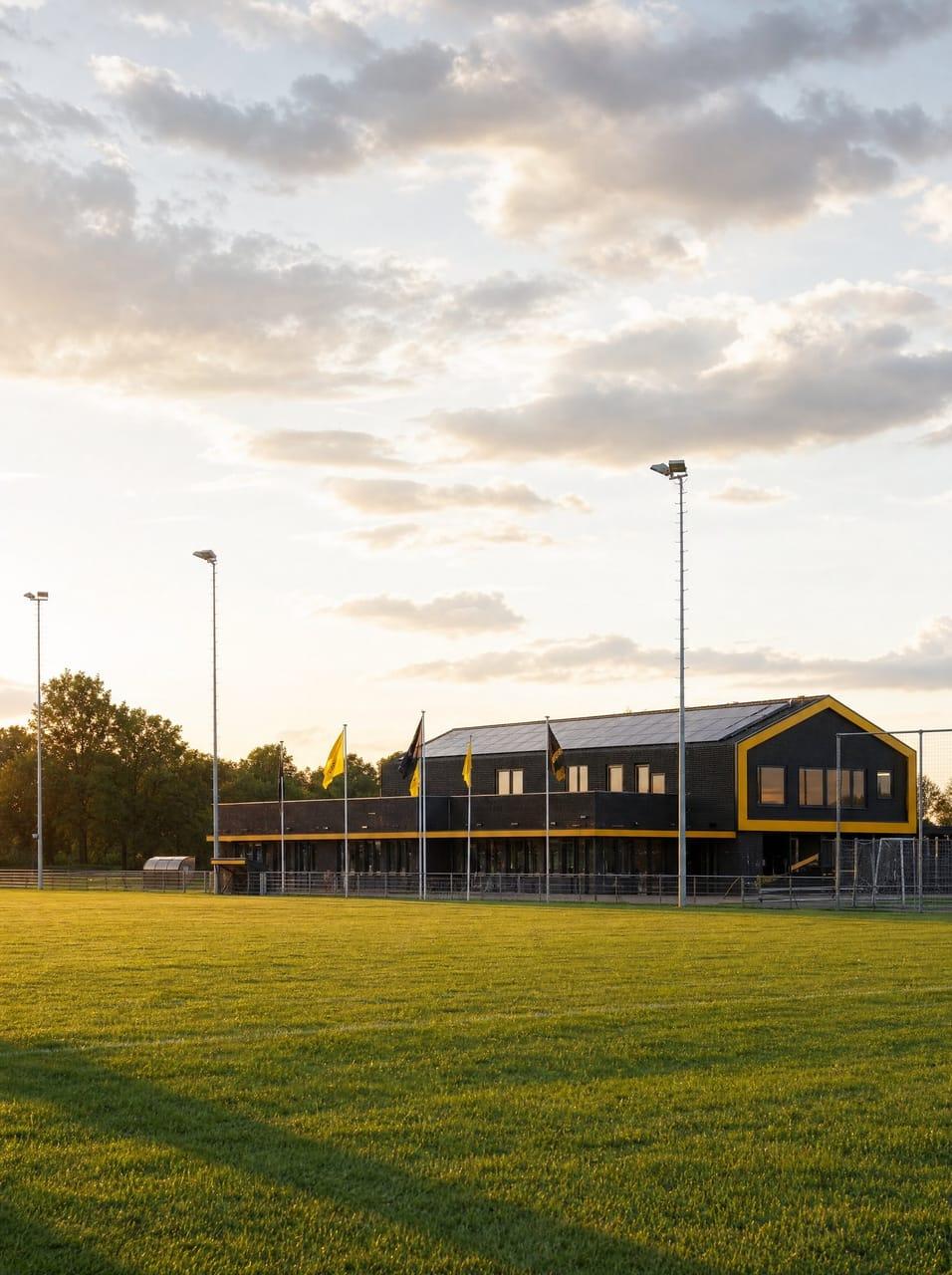 Sportpark met clubgebouw in de geel-zwarte kleuren van DOS ’37 en zonnepanelen op het dak