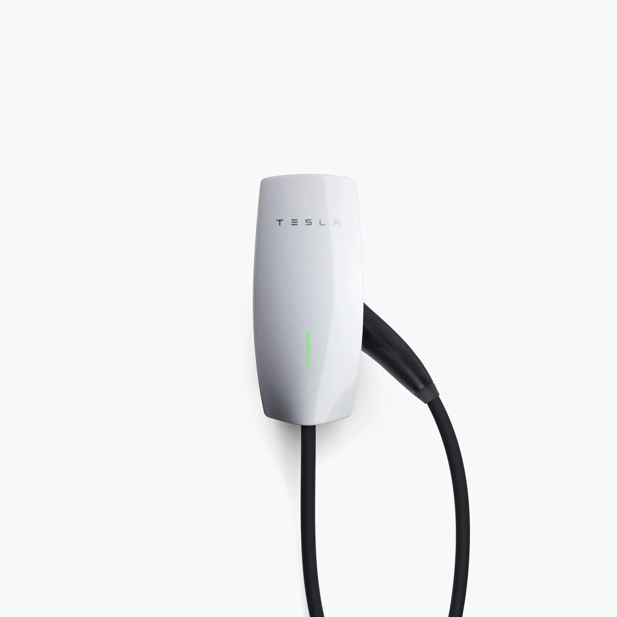 Witte Tesla Wall Connector met laadkabel en Type 2-stekker